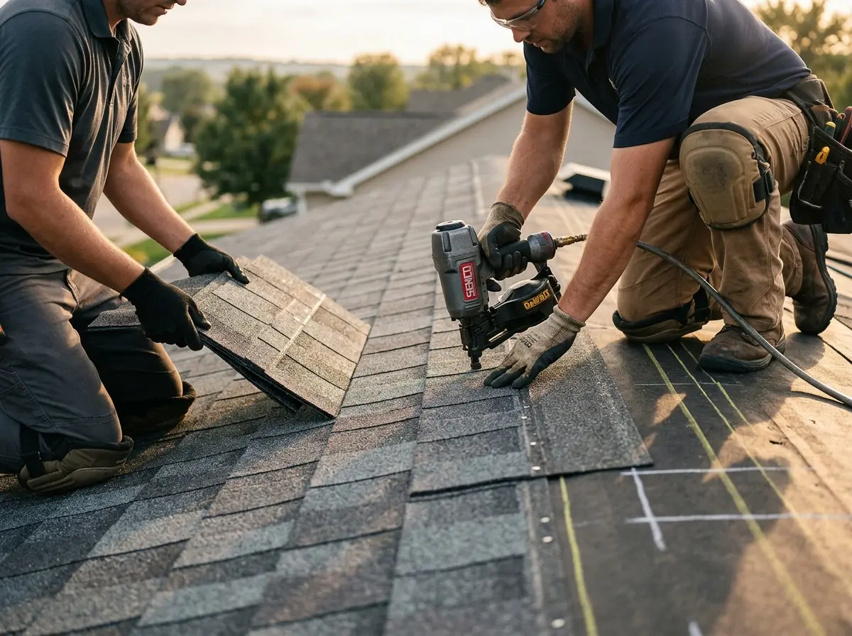 Professional roofer working on a residential roof in California City